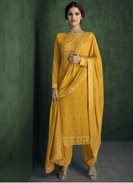 Yellow Faux Georgette Festival Designer Straight Suit