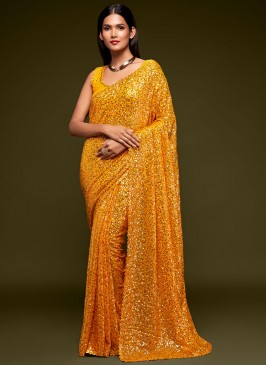 Yellow Faux Georgette Sequins Trendy Saree