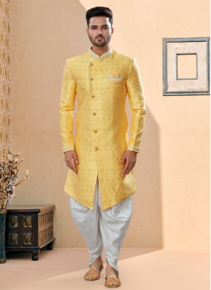 Yellow Jacqurad Silk Indowestern For Wedding