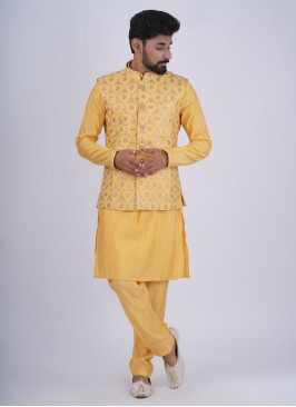 Yellow Kurta Pajama With Embroidered Nehru Jacket