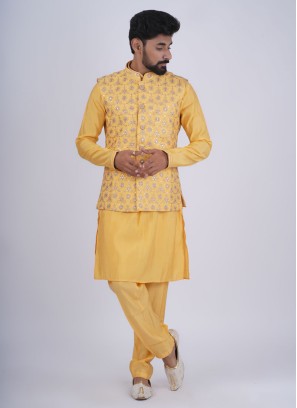 Yellow Kurta Pajama With Embroidered Nehru Jacket