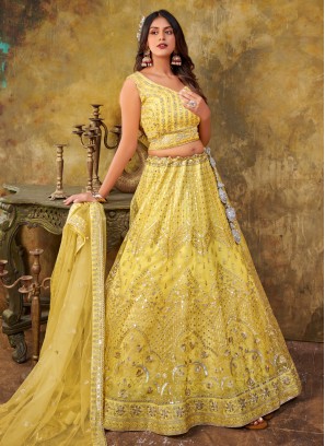 Exclusive Lemon Yellow Soft Net Embroidered Lehenga Choli