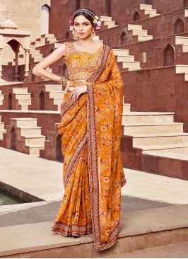 Yellow Organza Saree With Floral Prints