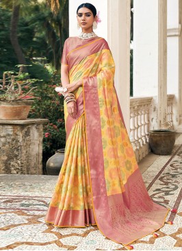 Yellow Weaving Organza Contemporary Saree