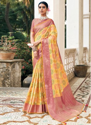 Yellow Weaving Organza Contemporary Saree