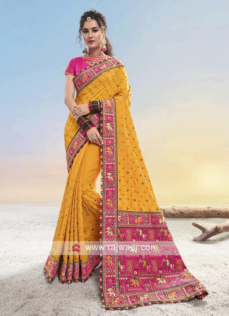 Yellow,Pink Colour Banarasi Silk Saree.