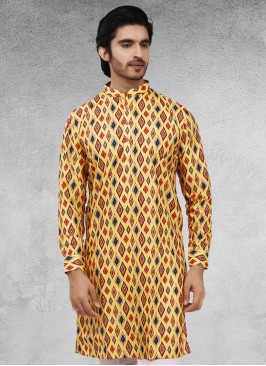 Yellow Printed Kurta For Men