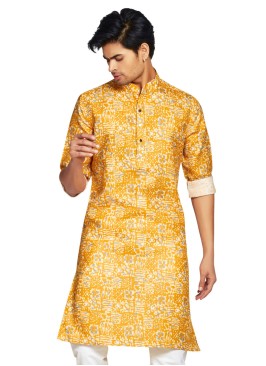 Yellow Printed Readymade Kurta In Cotton