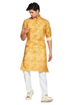 Yellow Printed Readymade Kurta Pajama In Cotton