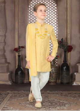 Yellow Readymade Thread Sherwani For Wedding