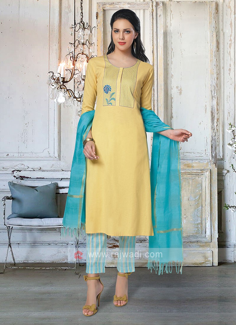 yellow sky blue trouser suit with dupatta 28430