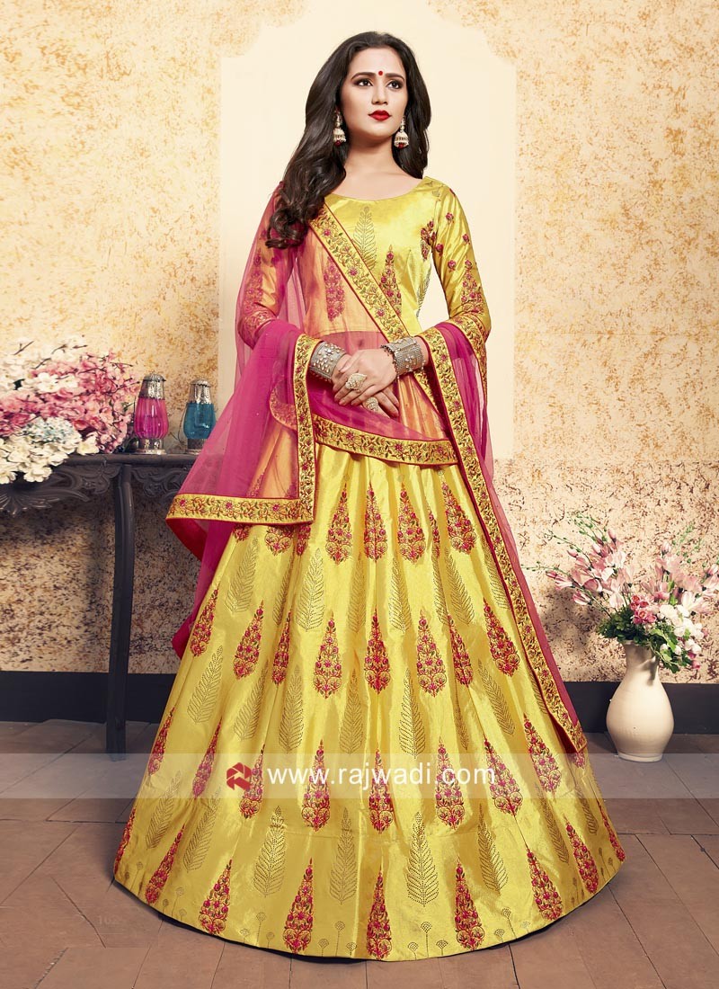 Georgette Fabric Chikoo Color Enticing Lehenga With Contrast Dupatta