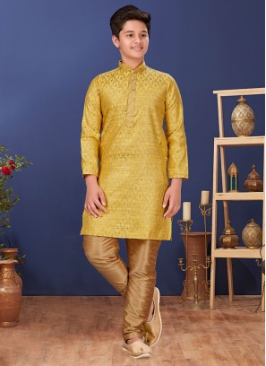 Yellow Weaving Kurta Pajama In Jacquard Silk