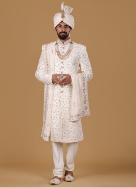 Zardosi Groom Wear Sherwani In Cream Color