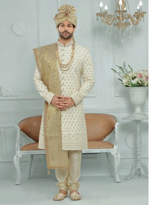 Zardosi Work Silk Sherwani In Off White Color