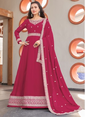 Zari Embroidered Anarkali Suit In Mulberry Pink Color