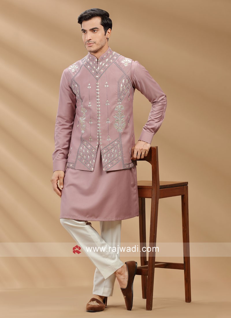 Zari Embroidered Cotton Silk Nehru Jacket Set