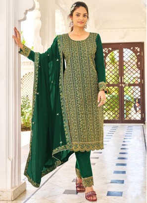 Zari Embroidered Green Festive Dress Material
