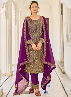 Zari Embroidered Purple Dress Material