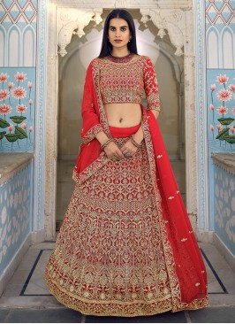 Zari Faux Georgette Lehenga Choli in Red