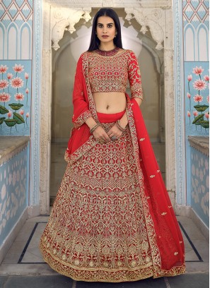 Zari Faux Georgette Lehenga Choli in Red