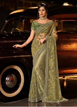 Zari Net Designer Saree in Olive Green