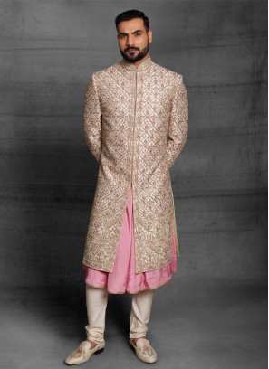 Zari Work Golden Cream Color Anarkali Sherwani