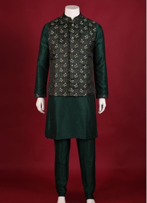 Zari Work Nehru Jacket Set In Green Color