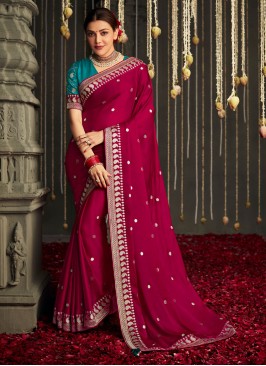 Rani Silk Wedding Saree with Turquoise Blouse