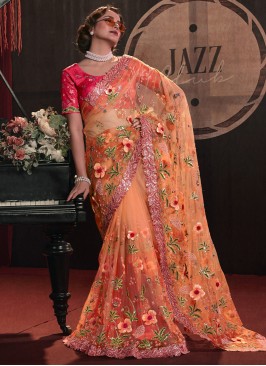 Floral Patch Work Light Orange Net Wedding Saree