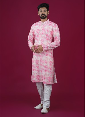 Zig Zag Embroidered Pink Cotton Kurta Pajama